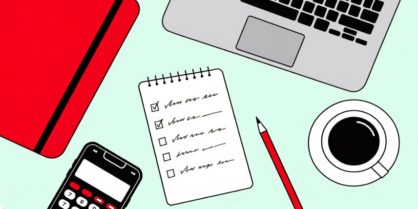 We see an illustration from an overhead POV of a person's desk. On the desk, we see a note pad, a pencil, a cup of coffee, a laptop, and a smartphone with a calculator app on it.