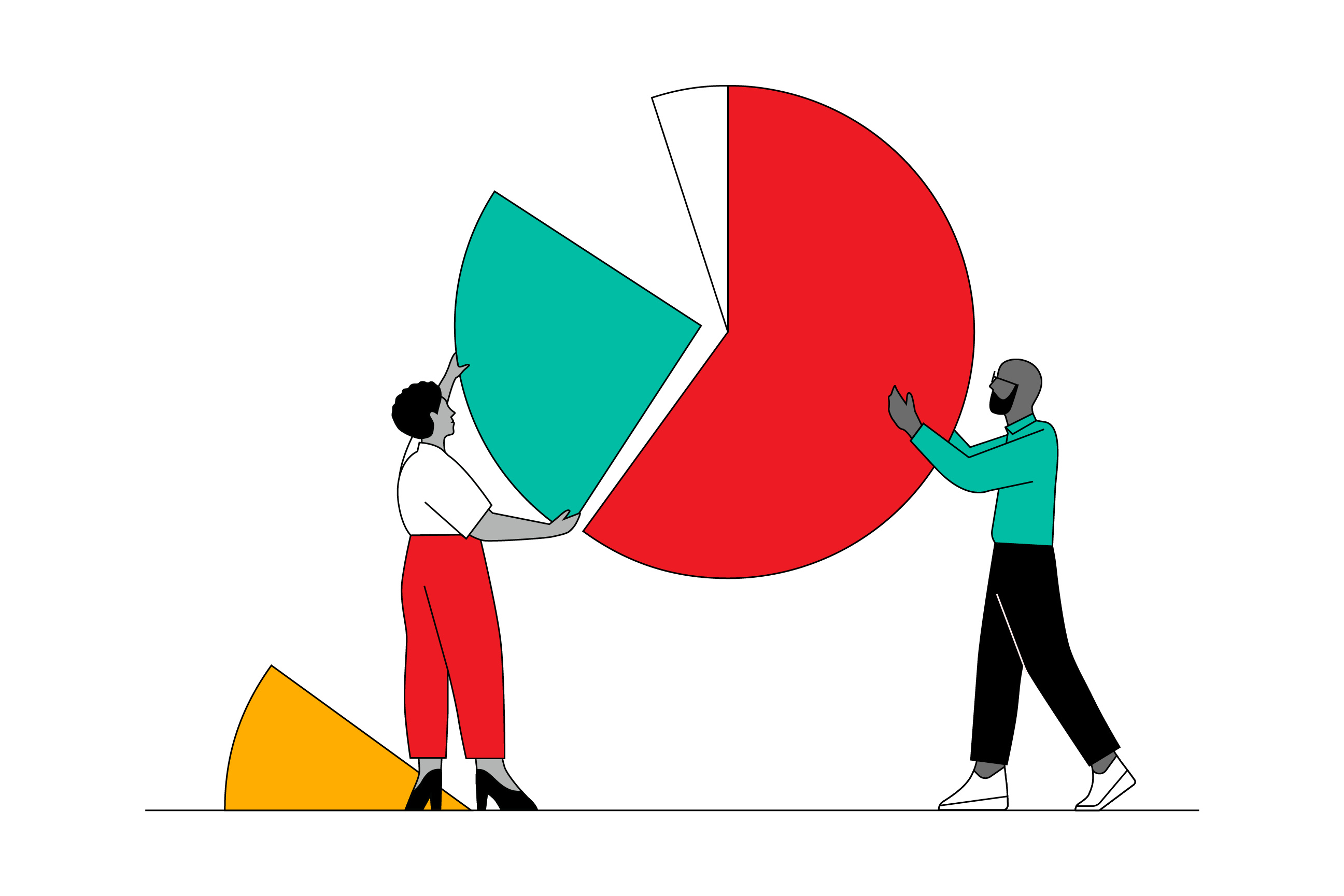 Illustration of a man and woman assembling a pie chart.