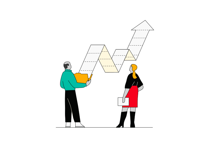 Illustration of two people looking at an upward arrow