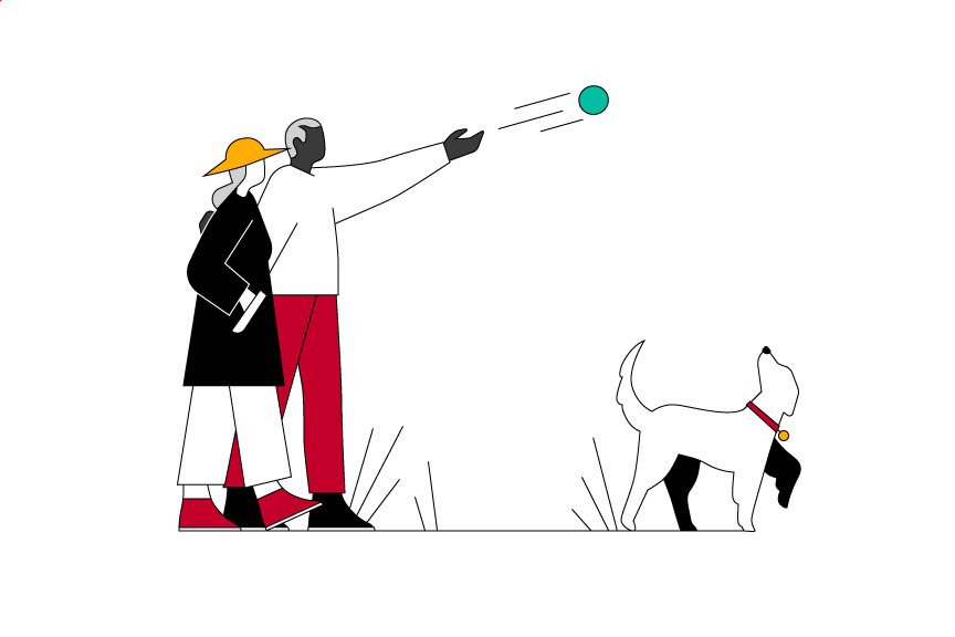 Illustration of an older couple throwing a ball to a dog.