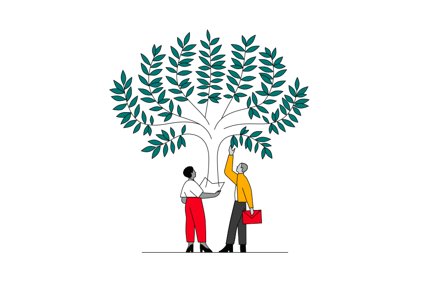 Man and a woman standing below a leafy tree that is growing from a book held by the woman