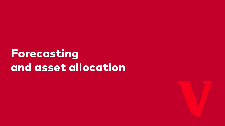 Forecasting and asset allocation video overlay on red background with Vanguard V.