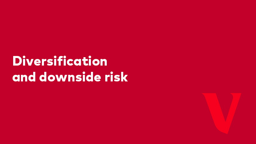 Diversification and downside risk video overlay on red background with Vanguard V.