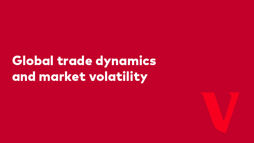 Global trade dynamics and market volatility video overlay on red background with Vanguard V.