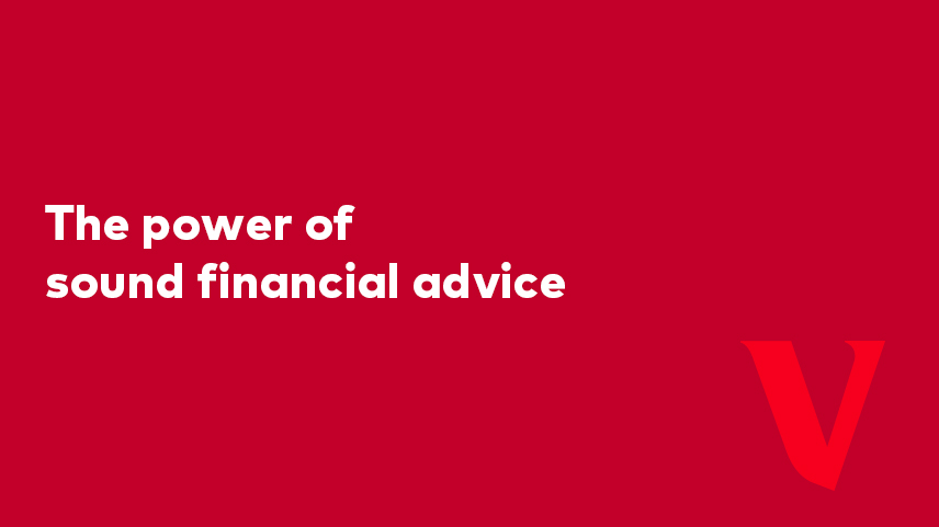 The power of sound financial advice video overlay on red background with Vanguard V.