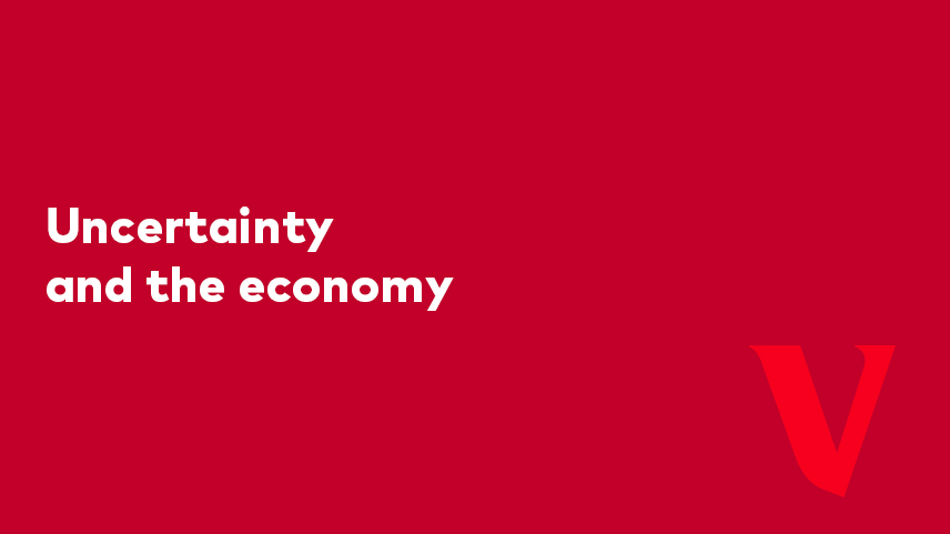 Uncertainty and the economy video overlay on red background with Vanguard V.