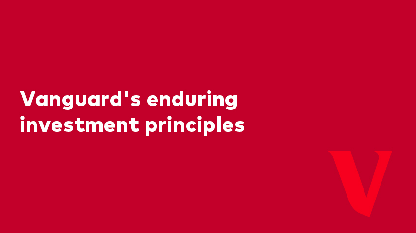 Vanguard's enduring investment principles video overlay on red background with Vanguard V.