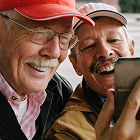 Two people holding a smartphone and viewing the screen together, seated outdoors with a blurred background.