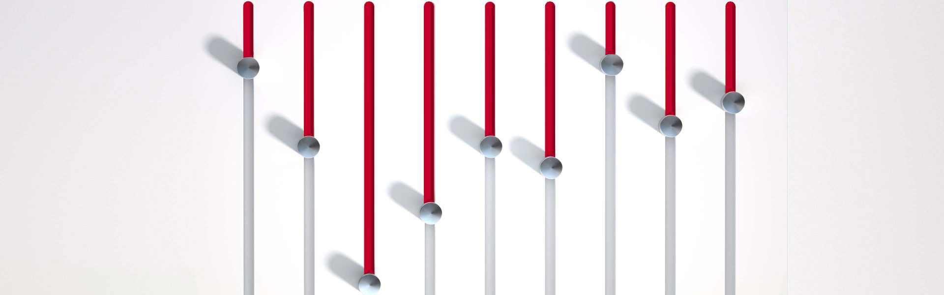 Abstract vertical bar chart made out of red vertical bars on white background.