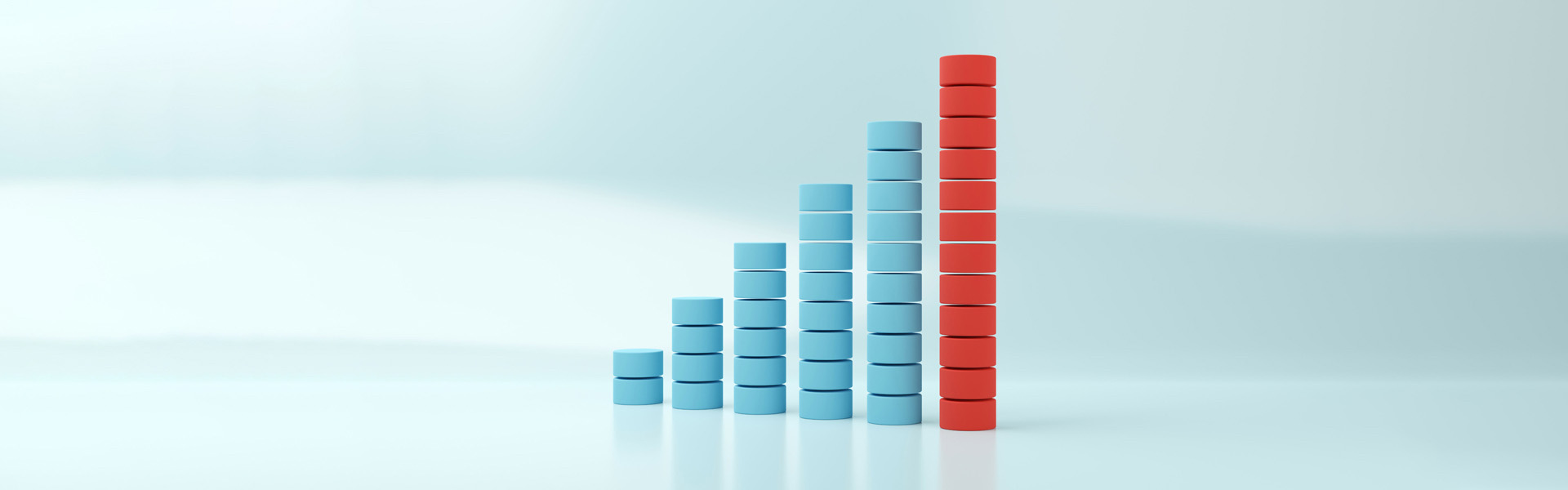 Rising bar graph of blue cylinders with last one red on blue background, abstract modern minimal success, growth, progress or achievement concept.