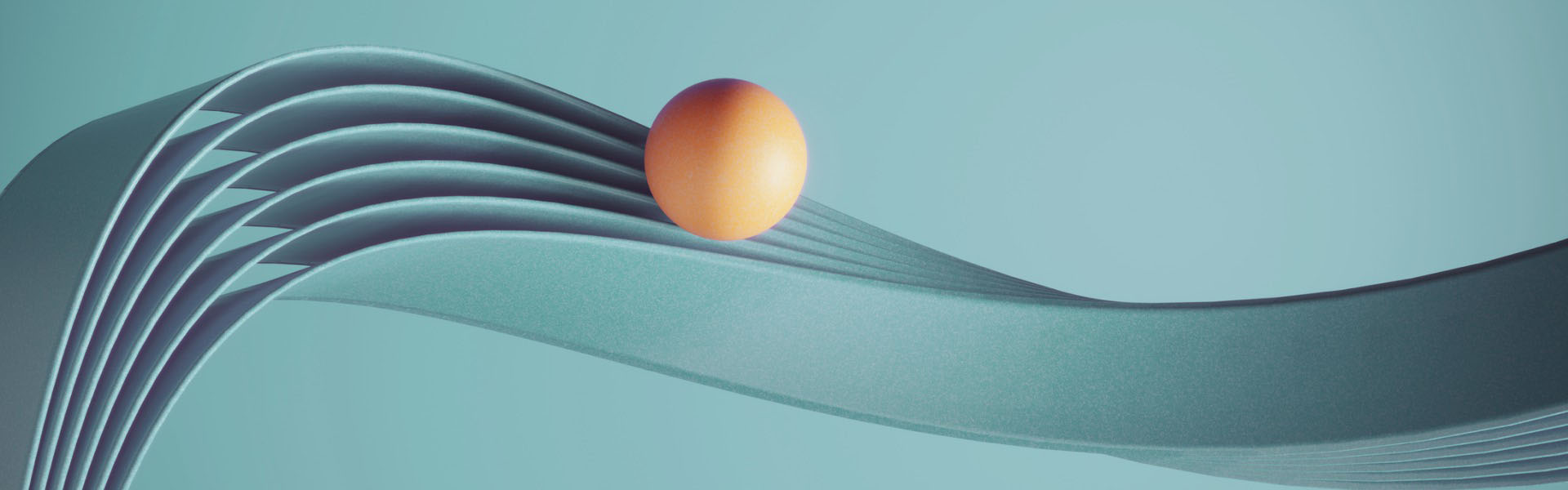 Orange sphere rolls down a blue curve on a pale blue background.