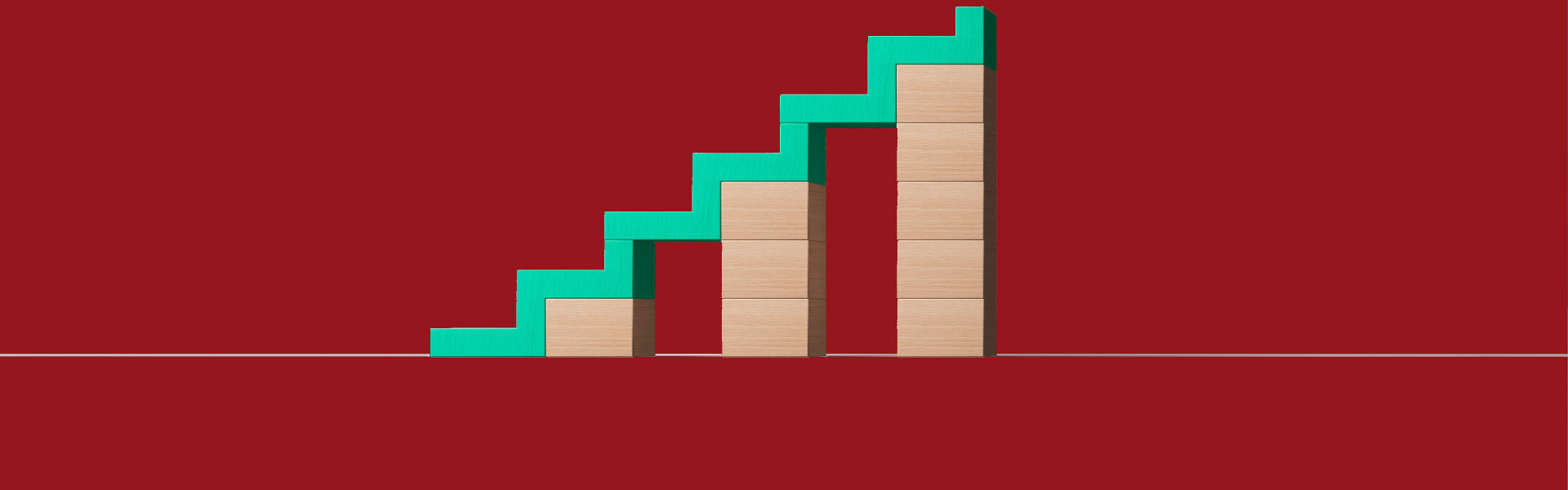 Stacks of multicolored, wooden building blocks rise from left to right across a red background, signifying the relationship between risk and reward.