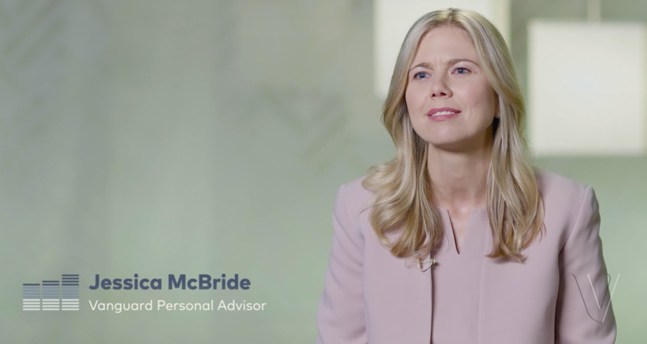 Vanguard Personal Advisor, Jessica McBride, smiling from a clip of her health care costs in retirement video.