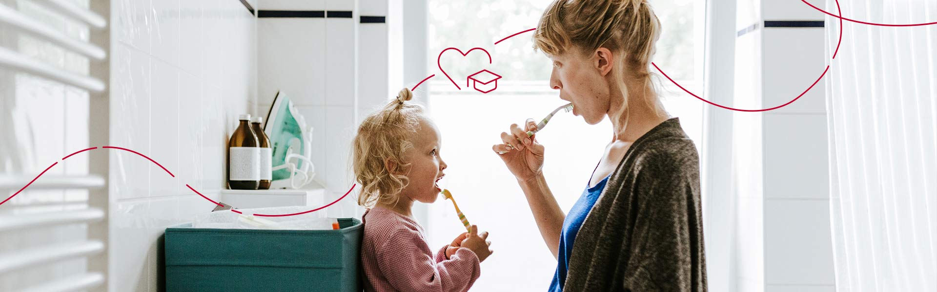 Mother and young daughter brush their teeth together.