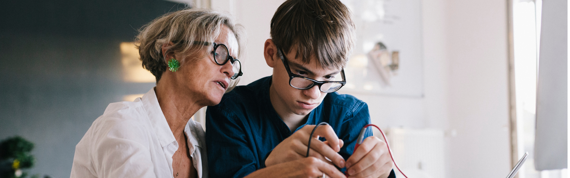 An older woman is showing a young boy an object below the frame.