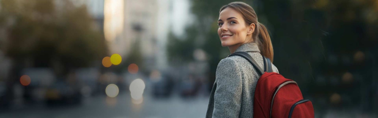 A woman carrying a red backpack walks down a city street.