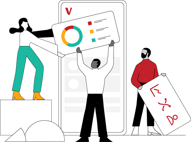 Cartoon men and women are sharing images of graphs and data in front of a smart phone.