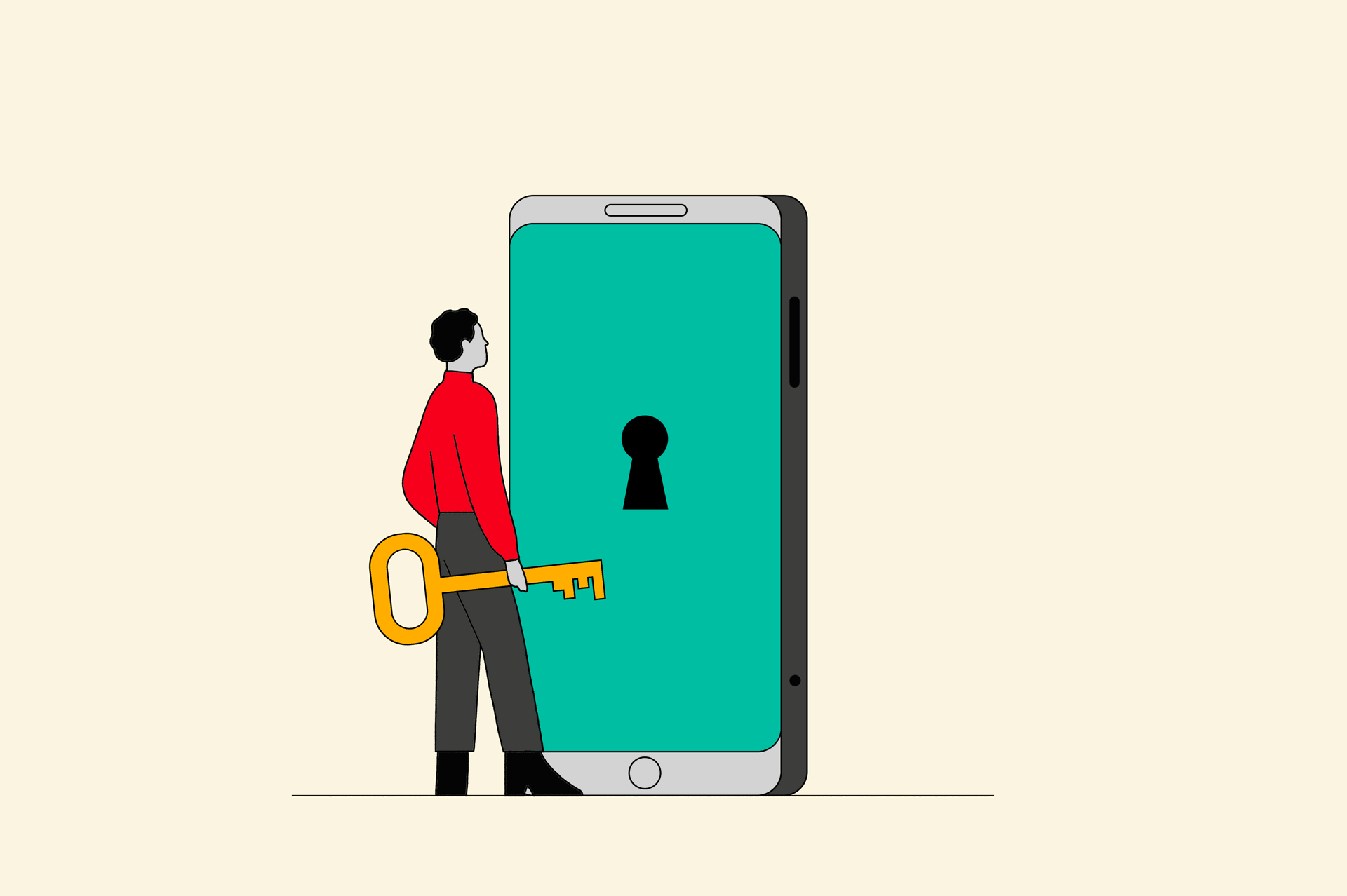 Illustration of a person unlocking a phone with a yellow key.
