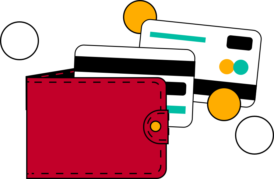 Two credit cards are shown next to a wallet.
