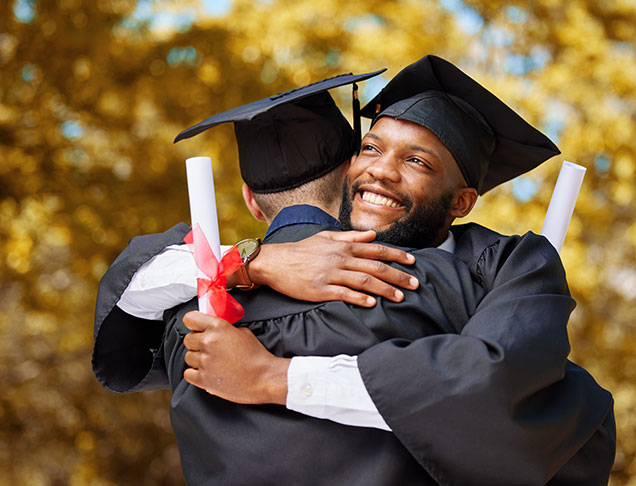 Graduation, happy black man and hug of friends to celebrate education achievement, success and goals outdoor. Male university students embrace for congratulations, graduate support or dream of future