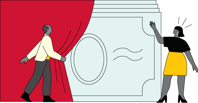 Two people are standing in front of cartoon paper money.