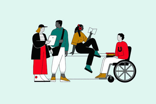 A person in a wheelchair is waving to another person in front of them.