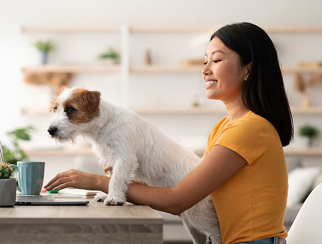 A young woman is holding a dog in her lap while doing research on her laptop.