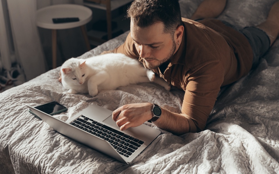 A young man is lying on his bed researching traditional IRAs on his laptop while holding his cat.
