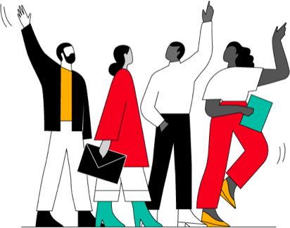 A group of people are waving to each other before they head separate ways.