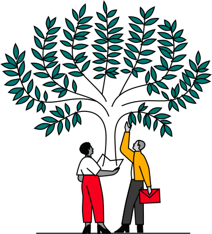 A cartoon image of a man and woman talking around a tree.