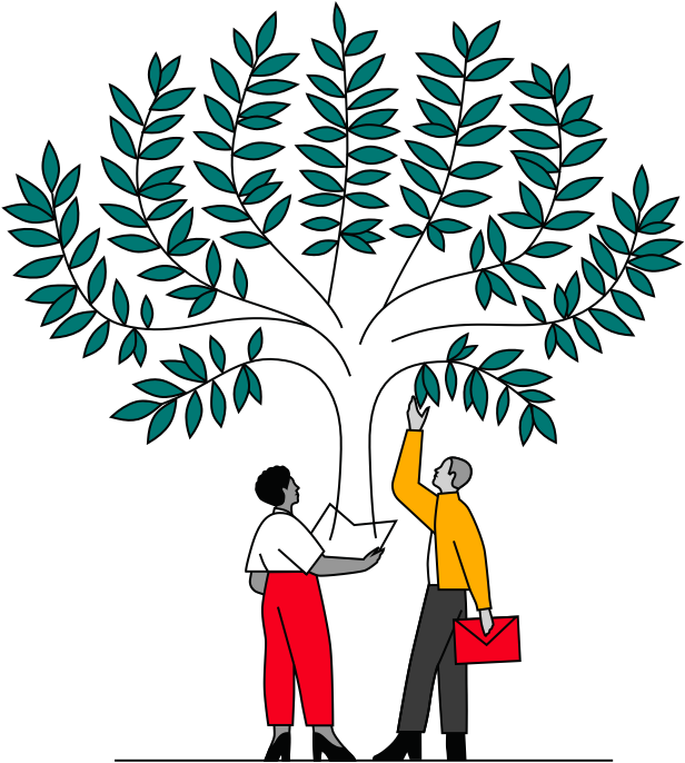 Two people with papers reaching towards a tree.