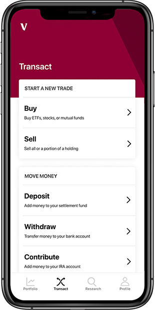 Transact screen in Vanguard app.
