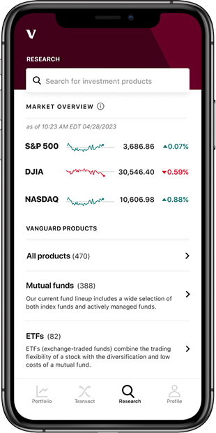 Fund profile screen for the Vanguard 500 Index Fund Admiral Shares.