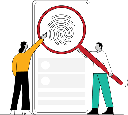 A cartoon man is holding a magnifying glass over a phone which is showing a fingerprint.