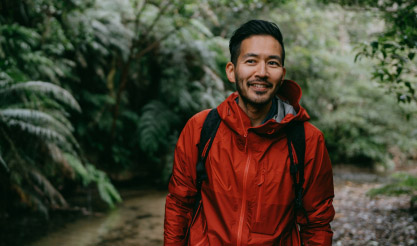 Man hiking in a park surrounded by beautiful trees and plants.