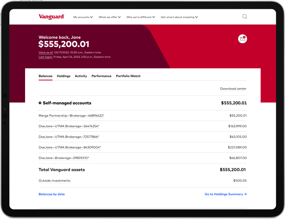 A mock profile of a securely logged in client viewing their balances overview page on a tablet.