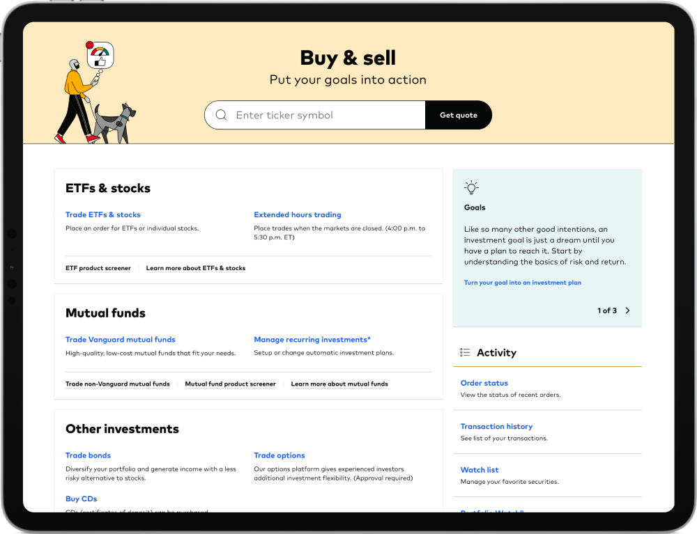 A mock profile of a securely logged in client viewing their buy and sell trade path page on a tablet.