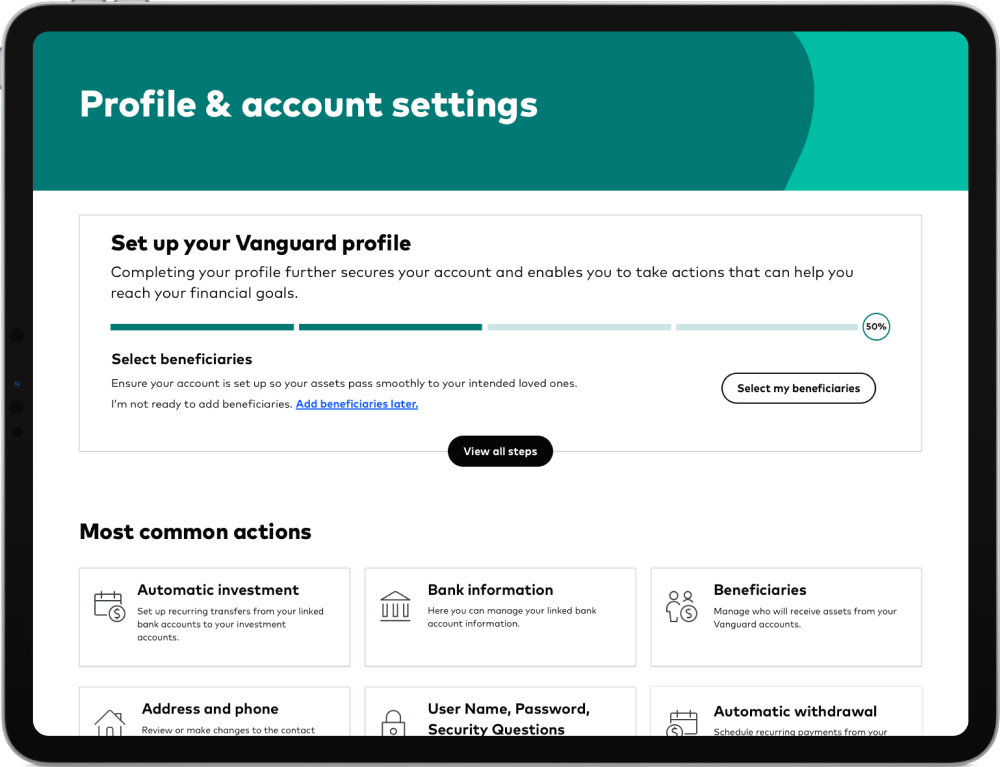 A mock profile of a securely logged in client viewing their profile and account settings page on a tablet.