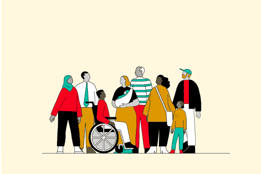 Animated GIF of a group of diverse people from different religions, ethnicities, and abilities are gathered together in a conversation.
