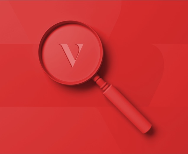 A magnifying glass showing the Vanguard "V".
