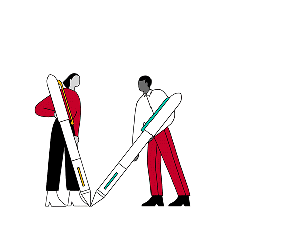 2 cartoon people are drawing stair steps with their large pens.