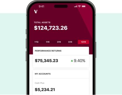 Vanguard Cash Plus app on mobile phone against a turquoise and white background.