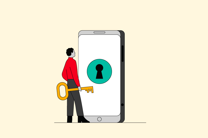 A cartoon graphic of a person with a giant key unlocks a keyhole displayed on a large phone screen.