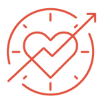 Red line drawing of a heart pierced diagonally by an upward arrow, centered within a circle marked with four small ticks at the top, bottom, left, and right, resembling a clock face.