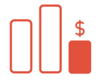 Red-outlined bar chart with three vertical bars of varying heights: the first is medium, the second is tallest, and the third is shortest with a dollar sign above it, suggesting financial comparison.