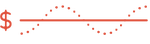 Red dollar sign followed by a horizontal line with red dotted sine waves oscillating above and below it, symbolizing financial fluctuations or trends.