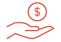 Red outline of an upward-facing hand with a circle containing a dollar sign hovering above it, set against a white background, symbolizing financial support or offering.