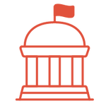 Red icon of a classical domed building with columns and a flag on top, symbolizing government or institutional authority.