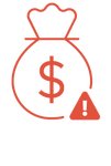 Orange icon of a money bag with a dollar sign, next to an orange warning triangle containing an exclamation mark, indicating a financial alert or caution.