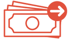 Icon of three overlapping dollar bills with a circular emblem on the front bill, next to a red circle containing a white right-pointing arrow, symbolizing money transfer or payment.
